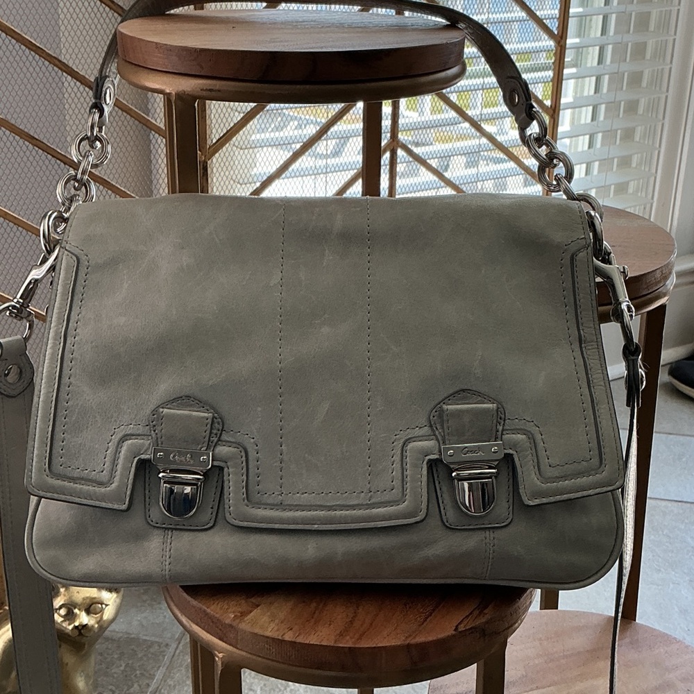 Vintage Coach Gray Leather Messenger Bag with Silver Hardware